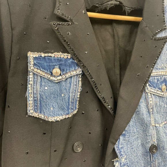 Geously black Denim mixed media Fray Hem Stud Blazer Concert DIY Jacket Med "P" - Picture 3 of 10